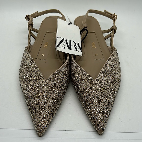 Zara NWT Tan Glittery Rhinestones Pointed Toe Flats Shoes **Size 36/US 6** 🌸🌸 - Picture 2 of 6